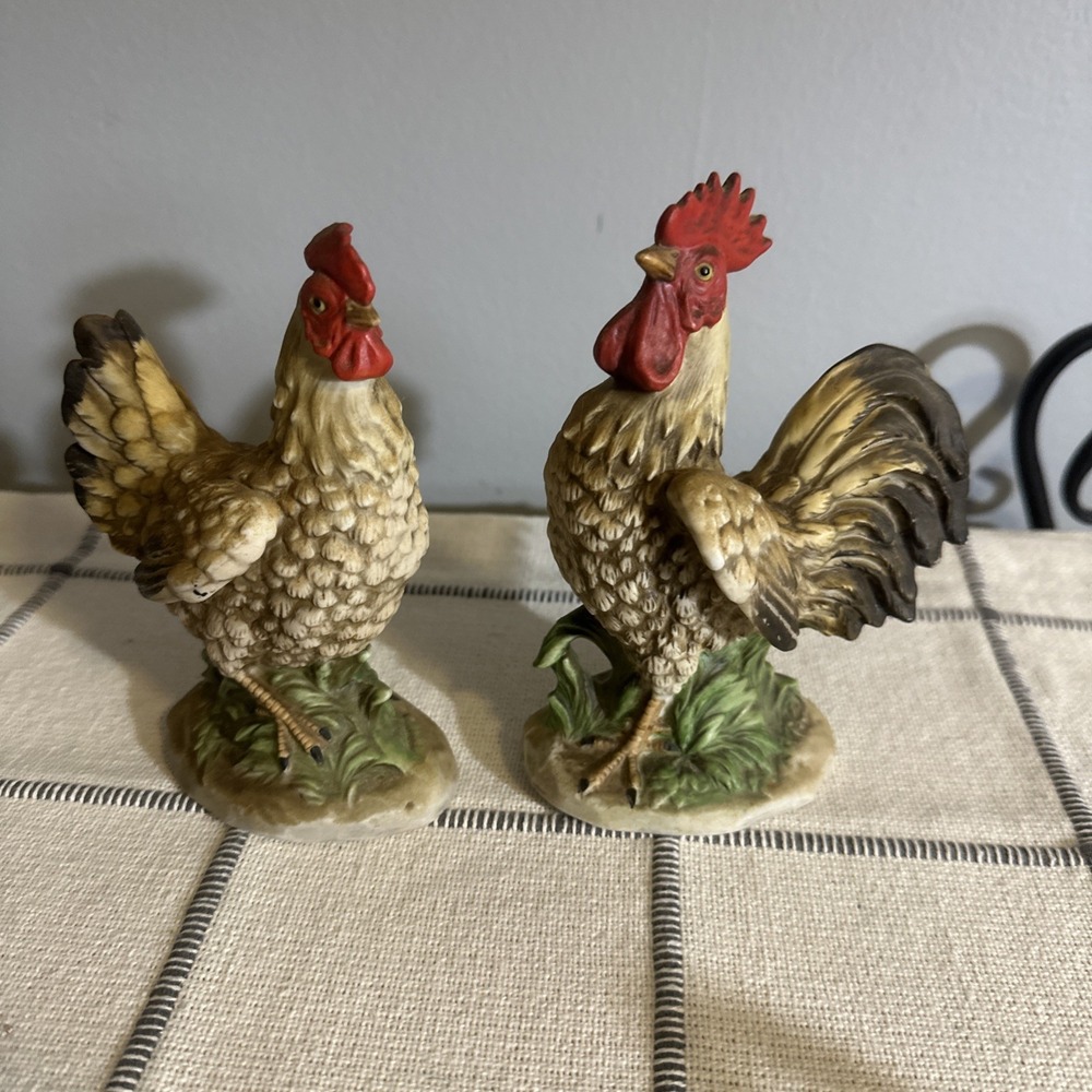 Homco Rooster and Hen Figurines Ceramic Chicken Country Decor 1446 1445 Vintage